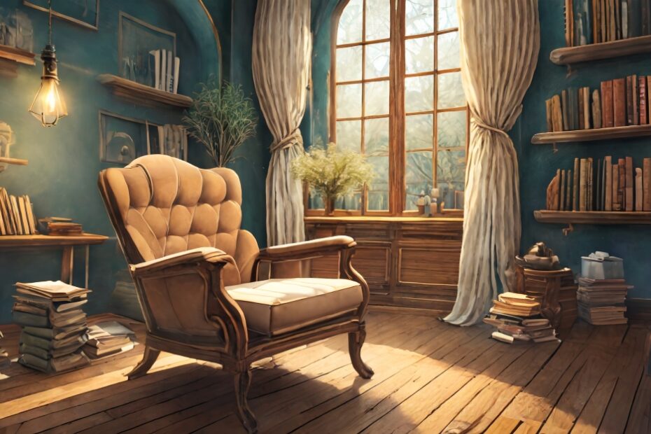 Uma confortável sala de terapia psicanalítica, com uma cadeira acolhedora e uma poltrona de análise posicionadas frente a frente. Ao fundo, uma estante repleta de livros de psicanálise e uma luminária suave, criando um ambiente tranquilo e convidativo para a introspecção e o diálogo terapêutico